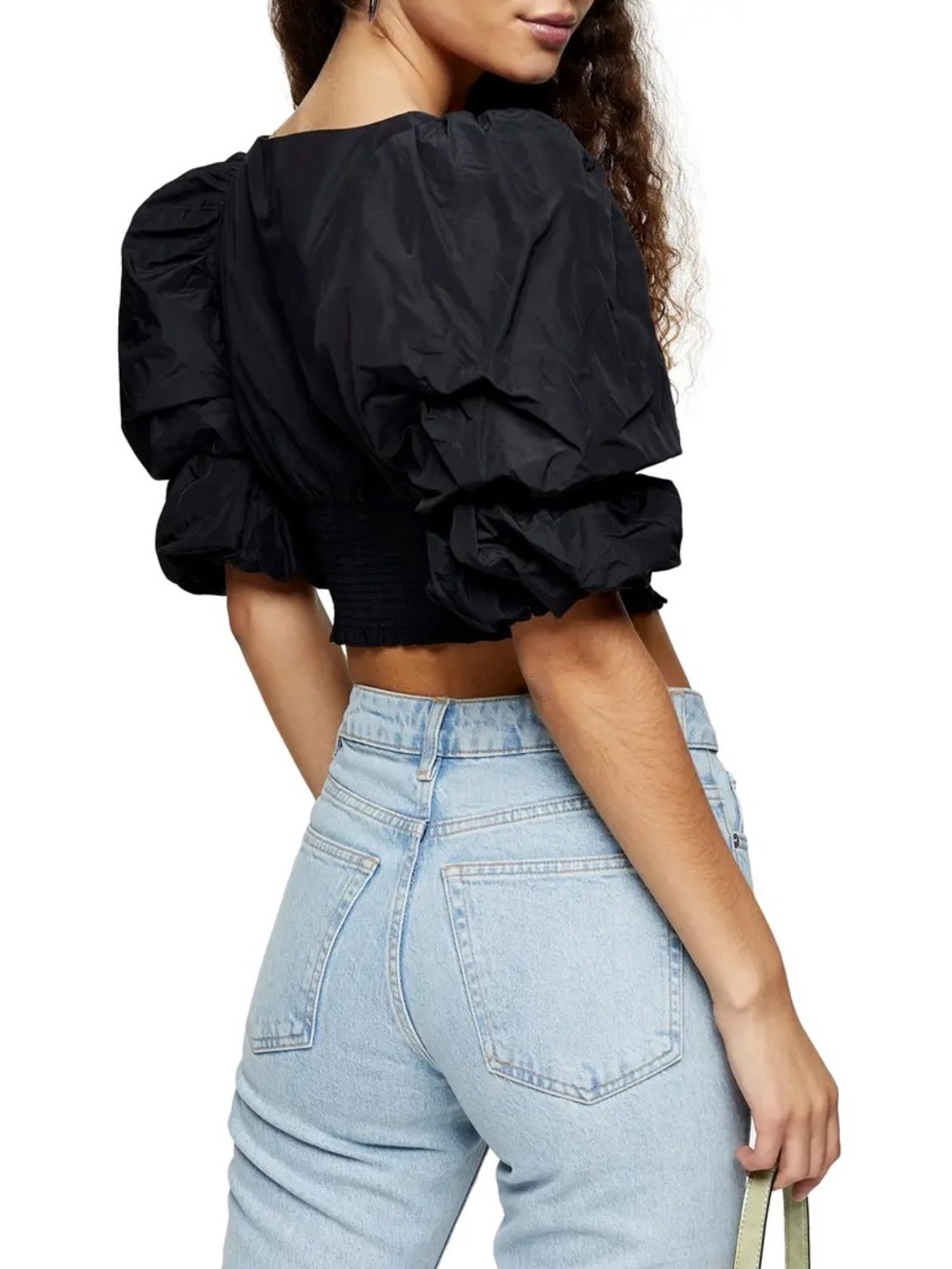 TOPSHOP Taffeta Puff Sleeve Blouse Smocked Black Crop Top - Picture 3 of 13